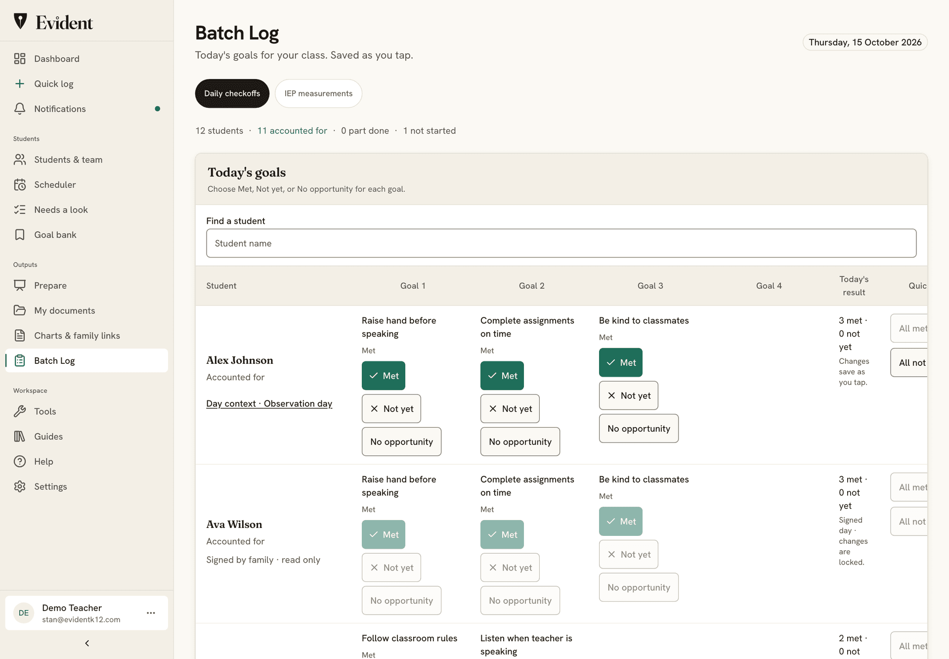 Batch Log for a class: each student's goals for today with Met, Not yet, and No opportunity buttons, today's result per student, and a signed day shown as read only.