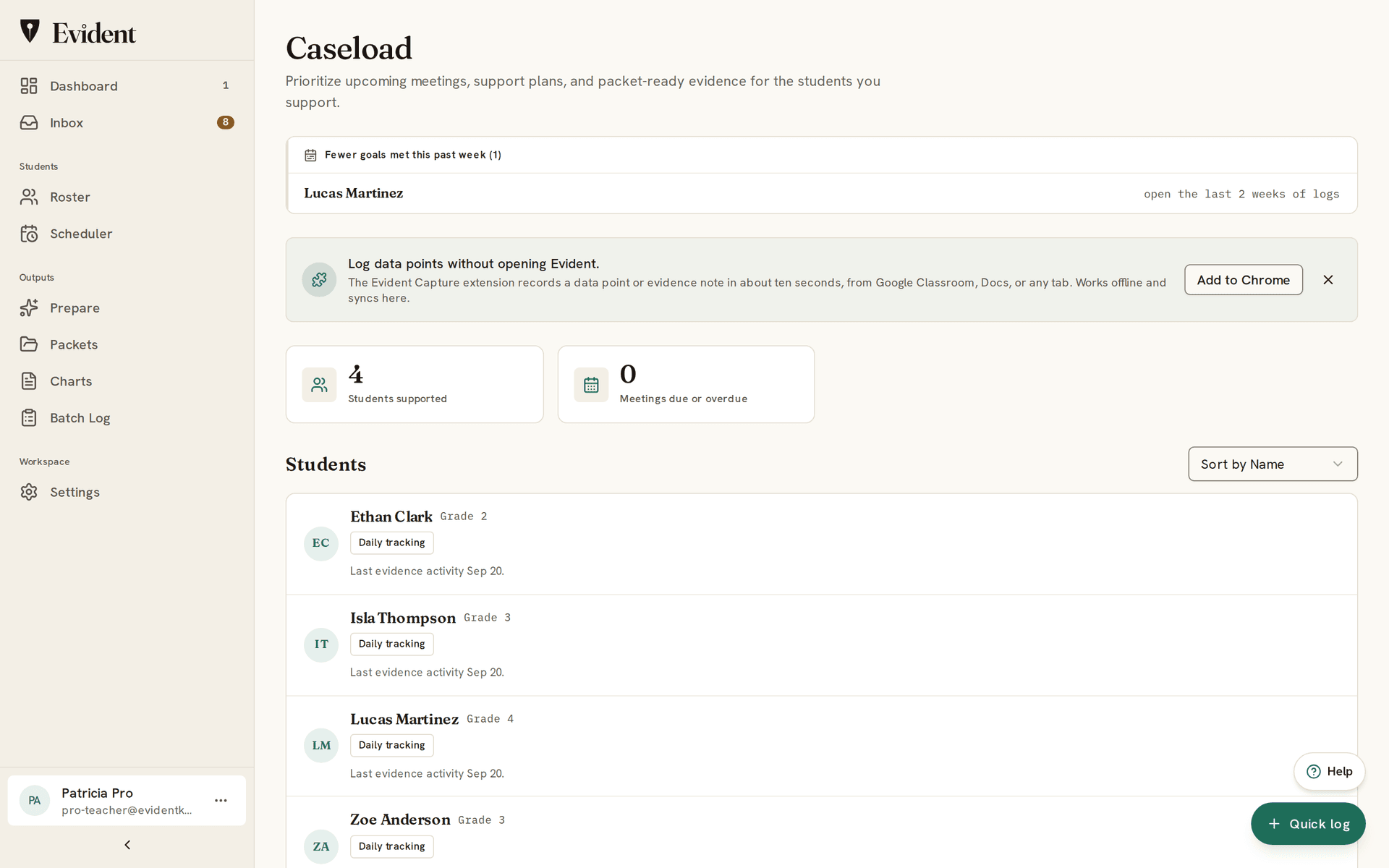 The Evident caseload screen: four students a case manager supports, each with daily tracking and last evidence activity, above a declining-trend flag