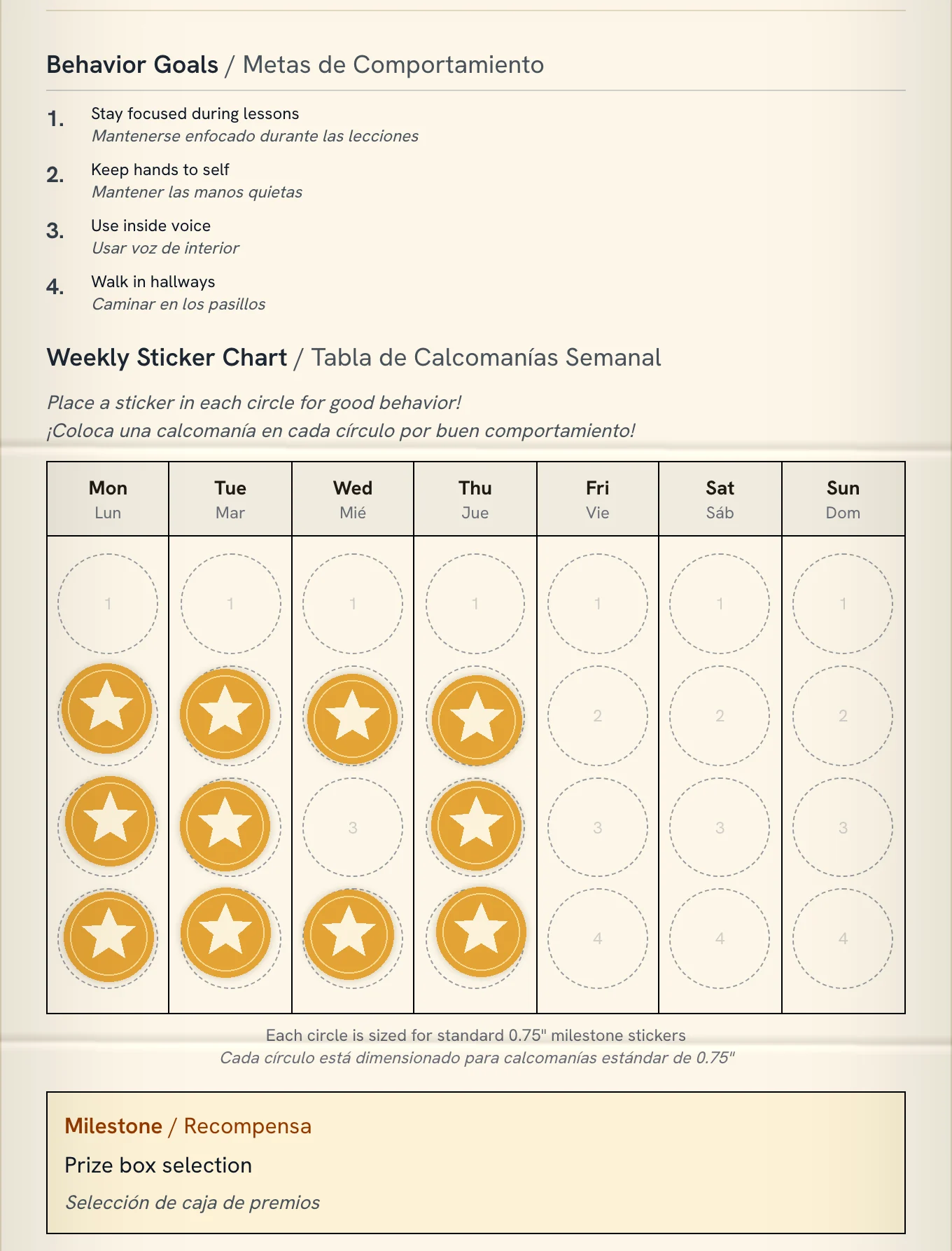 A printed weekly sticker chart after four school days: four bilingual goals and gold star stickers in the circles the student earned, the sheet creased from a backpack.