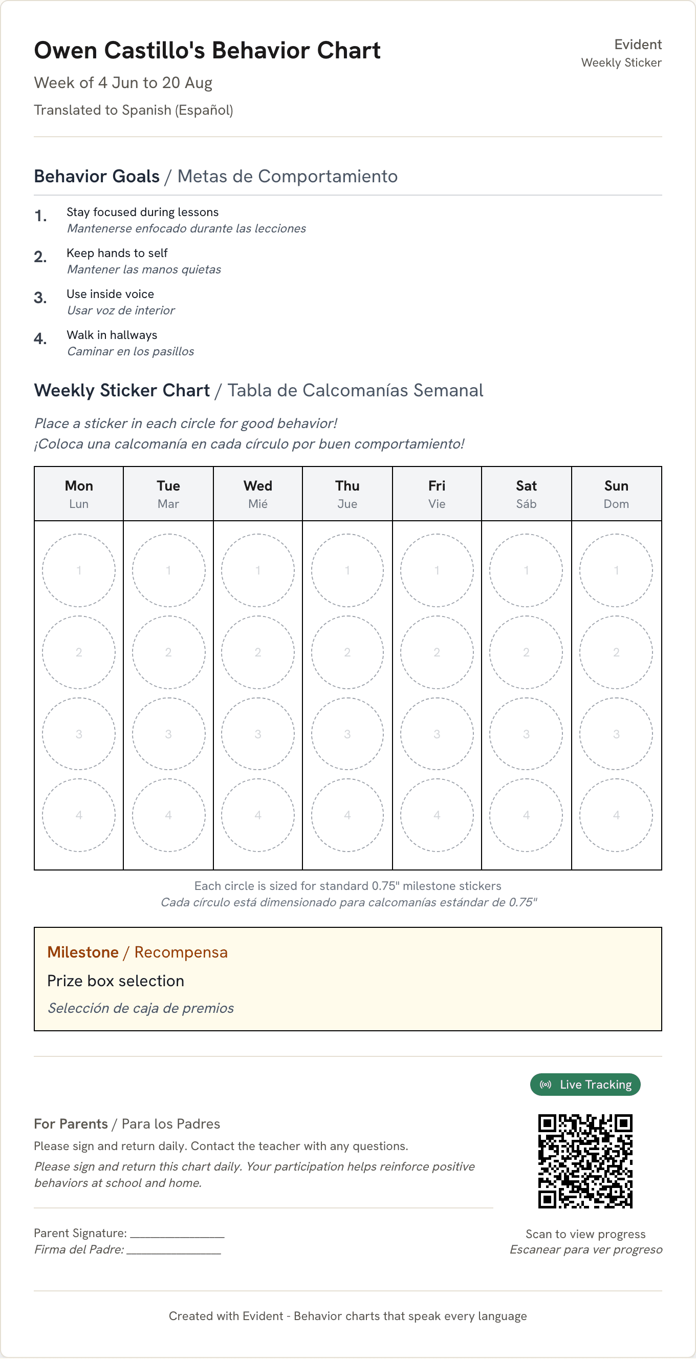 The QR code printed on the chart, labeled Live Tracking and Scan to view progress.