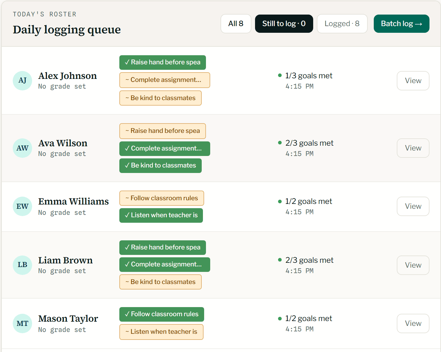 The Evident daily logging queue with classroom logs arriving
