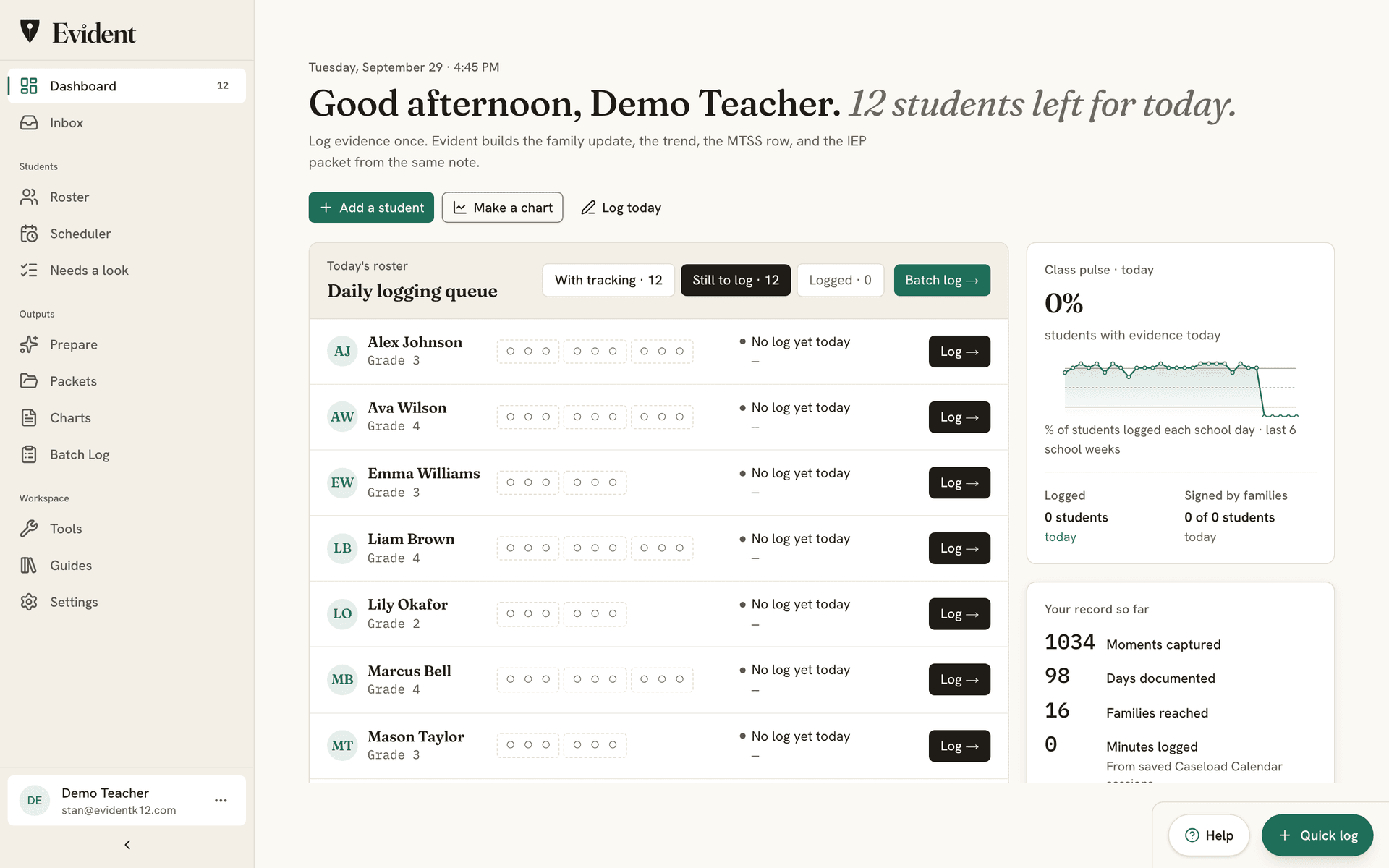 The Evident teacher dashboard: a class roster with each student's behavior chart, today's logging status, and IEP badges, with a quick log button