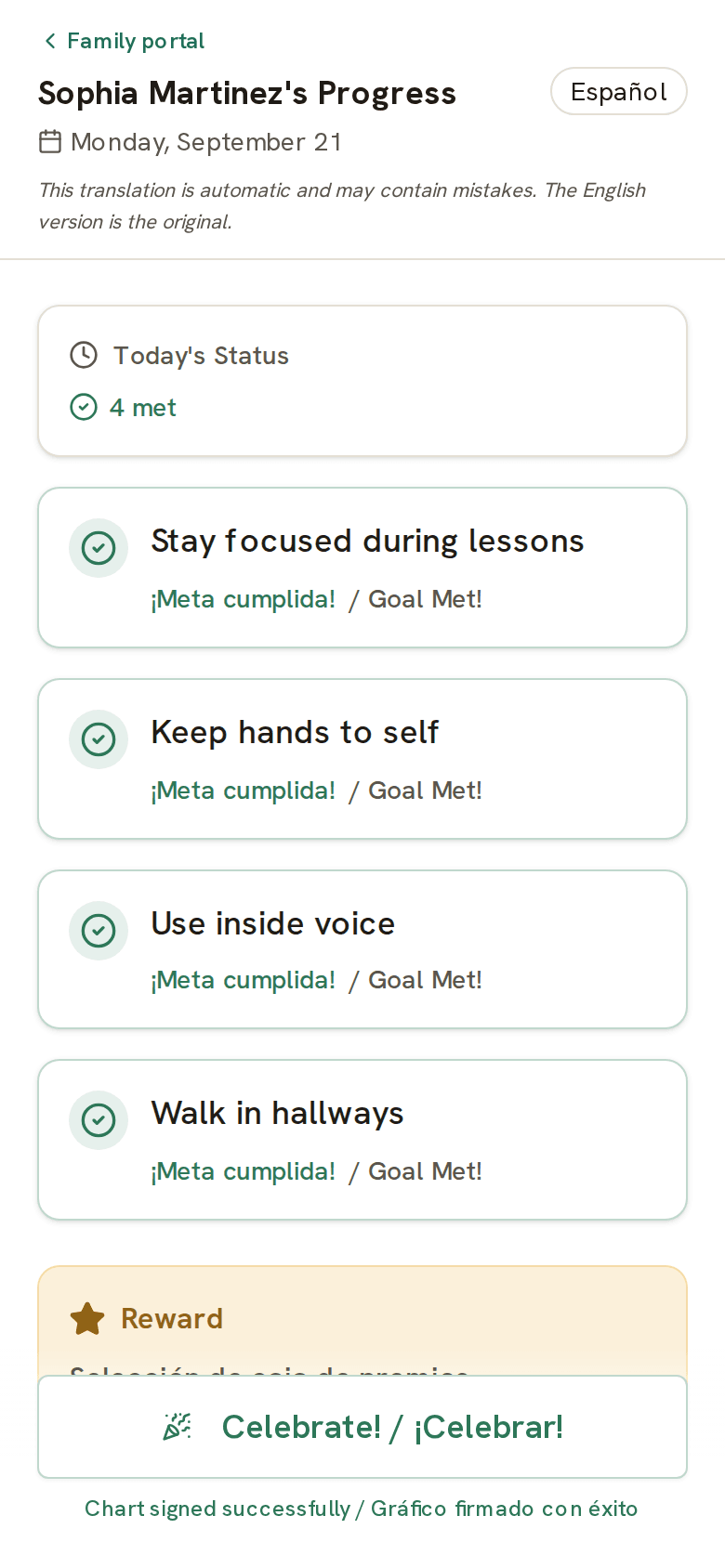 The Evident family portal on a phone: a student's goals for the day with the reward and the sign button in Spanish and English