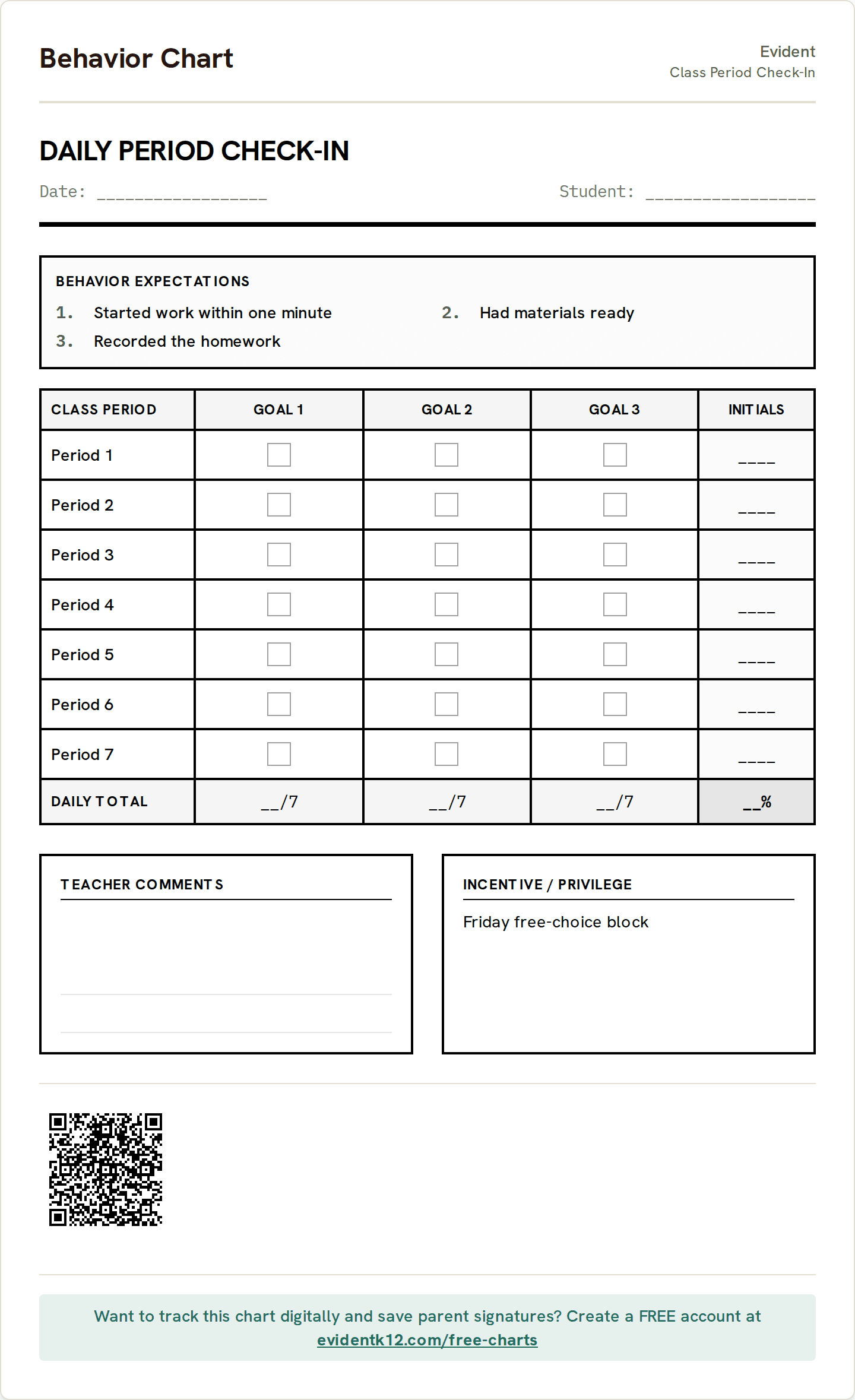 A class-period check-in sheet printed from Evident: seven period rows, three goal columns, a box for each teacher's initials, and a daily total