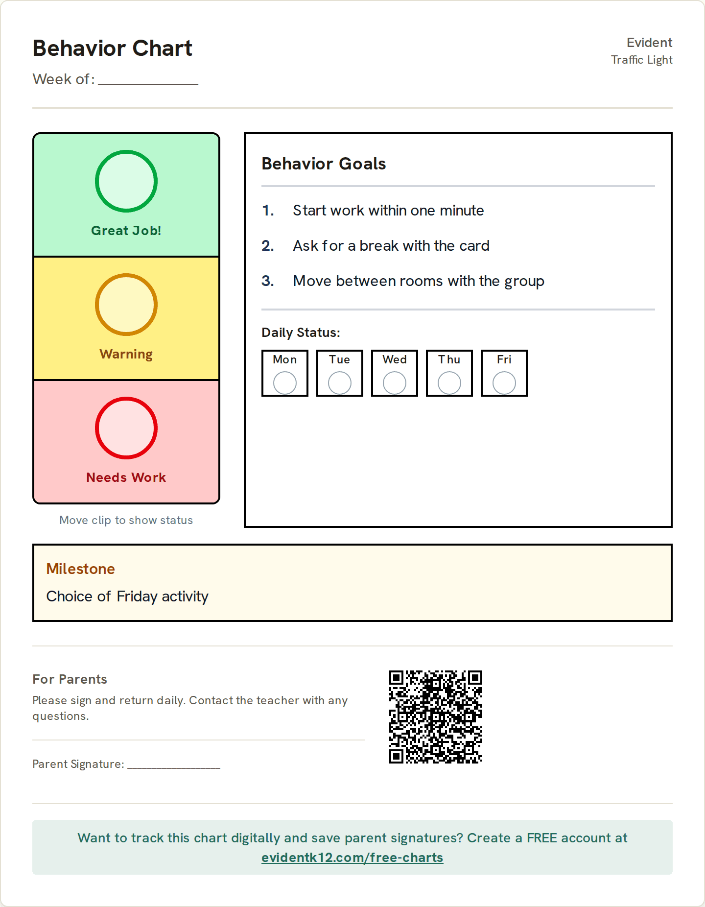 A traffic-light behavior chart printed from Evident: the green, yellow, and red status column beside three goals and a Monday-to-Friday daily status row
