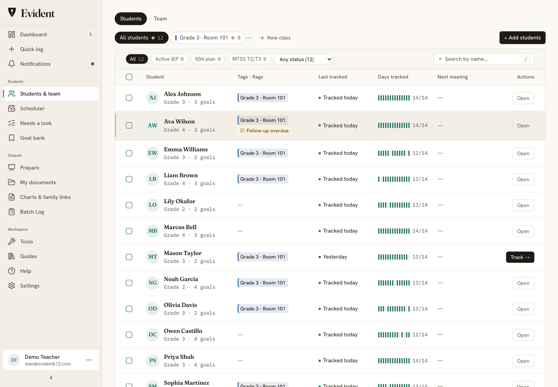 A teacher's roster: the Students and Team views, a class bar with All students and a Grade 3 class in its color, an Add students button, and each student's class tag, last tracked day, days tracked, and next meeting.