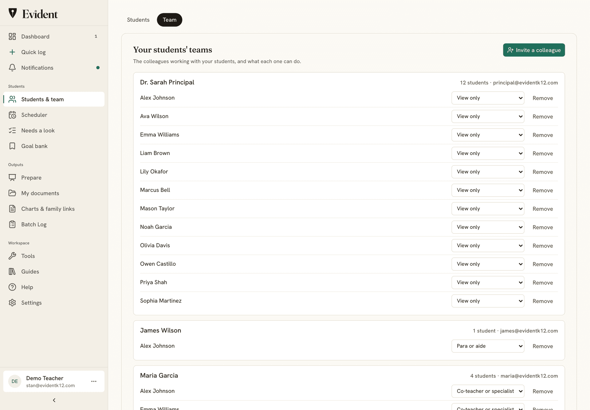 The roster's Team view: a principal with view-only access to twelve students, a para or aide on one student, a co-teacher on four, each with a role picker and a Remove link, and an Invite a colleague button.