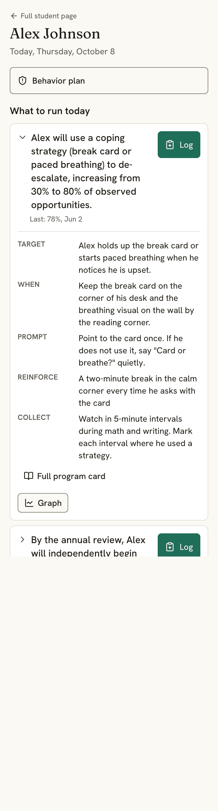 The same view with one goal open: target, when, prompt, reinforce, and collect, from the goal's program card.