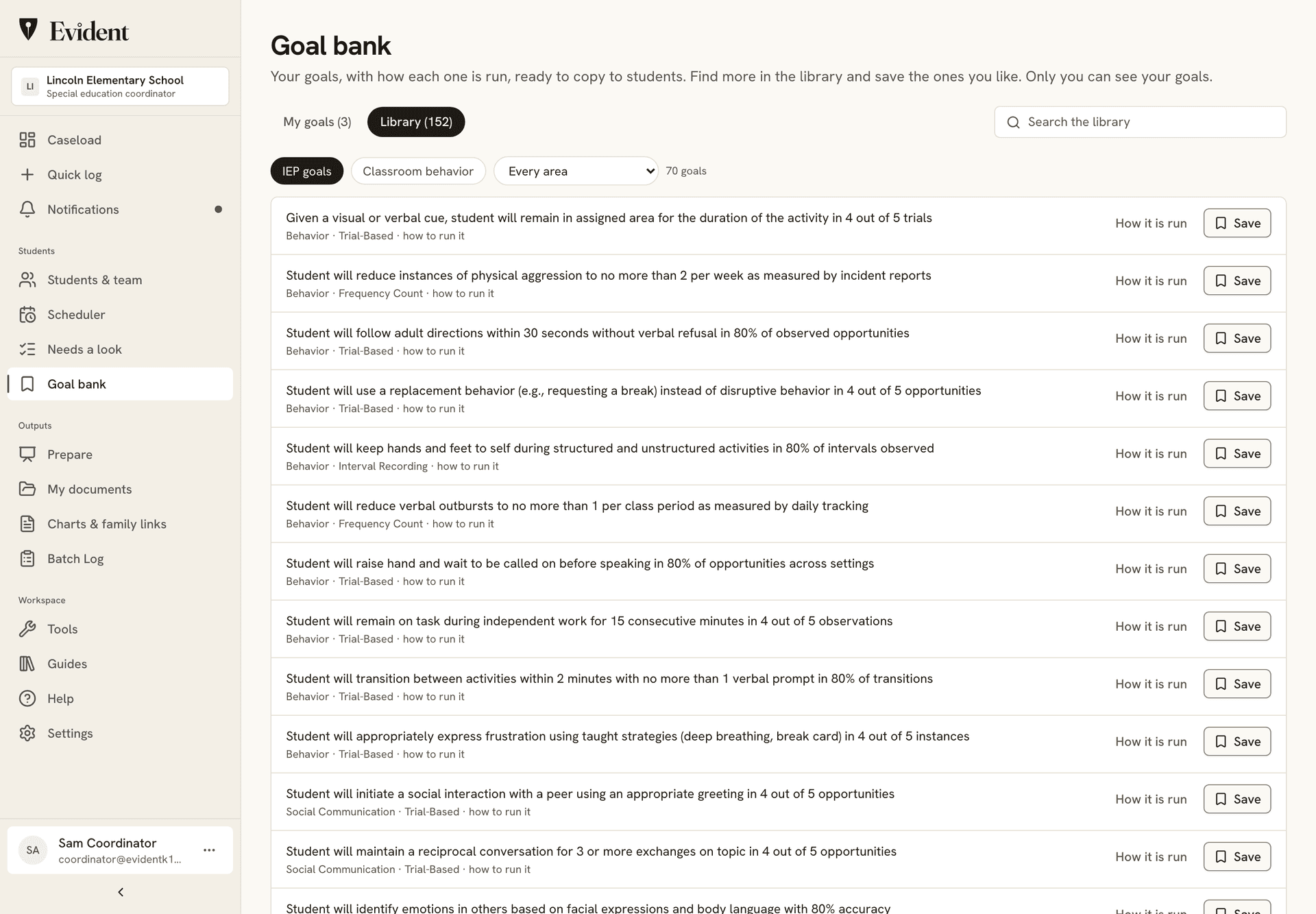 The goal bank's Library tab: library goals grouped by area, each with the measurement its sentence calls for and a button to save it to the bank.