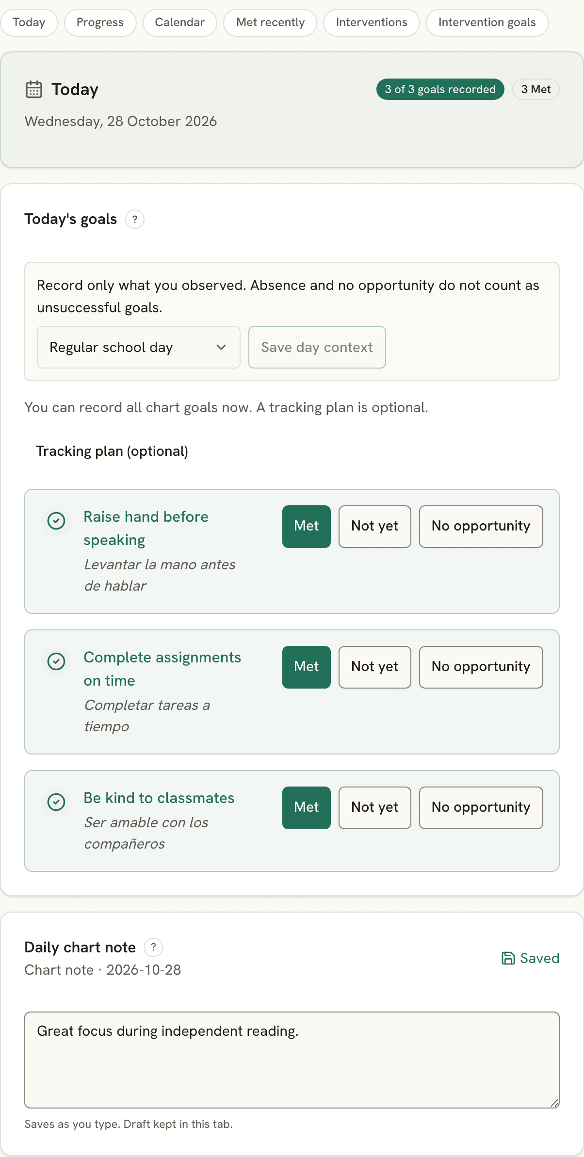A fictional student's daily record with attendance, goals marked Met, Not yet, or No opportunity, and a place for a note