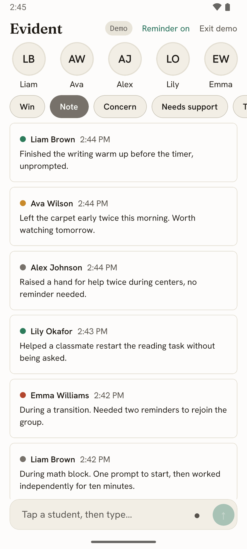The Evident phone app on Android: a class roster of tappable student bubbles, status chips, and today's logged notes