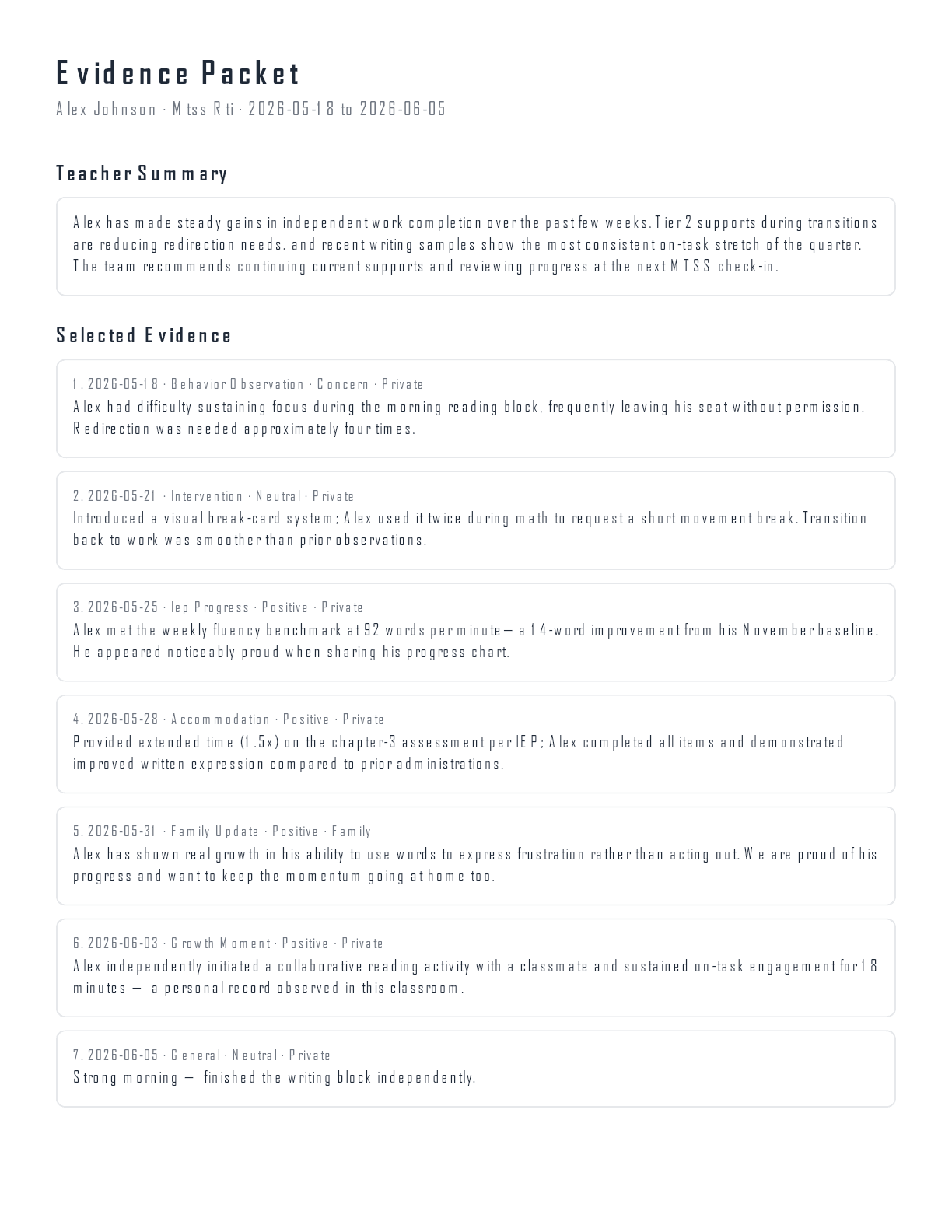 A sample Evident evidence packet assembled from illustrative student notes