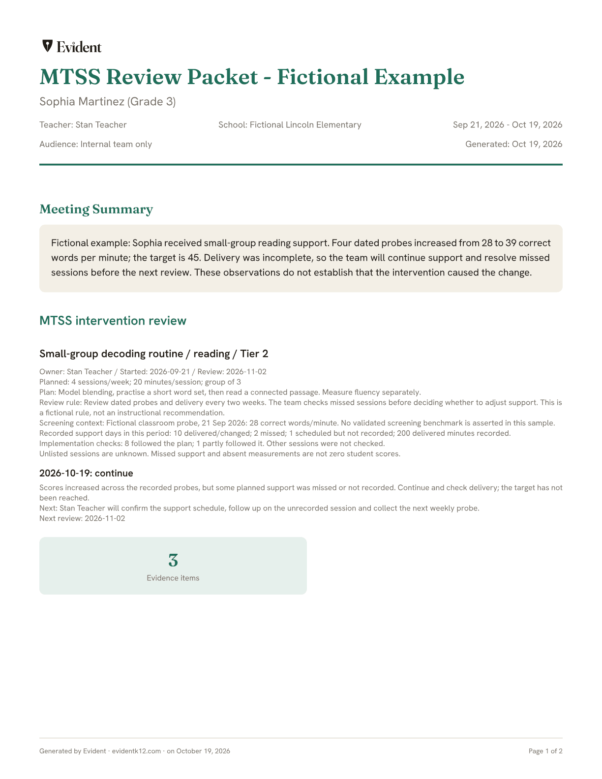 MTSS evidence packet sample, page one